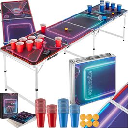 Стіл для пивного пінг-понгу tectake Beer Pong, складаний, регульований, з 100 склянками (50 червоних, 50 синіх) та 6 м'ячами, для вечірок і дорослих