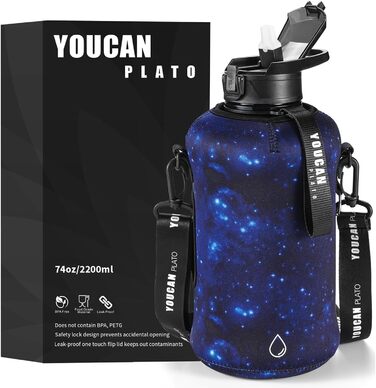 Спортивна пляшка для води Youcan Plato 2 л з трубочкою та чохлом, BPA Free, для газованої води, фітнес, спортзал