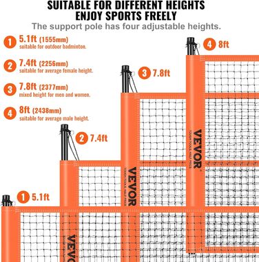 Волейбольна сітка VEVOR Регульована по висоті сітка для бадмінтону, 91.44 x 970 см Портативна сітка для пляжного волейболу, помаранчева волейбольна сітка Складна волейбольна сітка з волейбольним м'ячем і сумкою для перенесення та ракеткою для бадмінтону