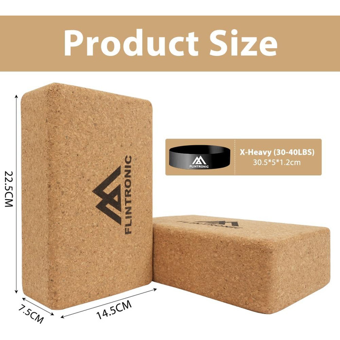 Набір блоків для йоги з Flintronic Cork з 2, 100 натуральний блок для йоги, Cork Block Yoga Blocks Екологічно чистий стійкий натуральний корок, блок для йоги Пілатес Фітнес - з 1 стрічкою опору