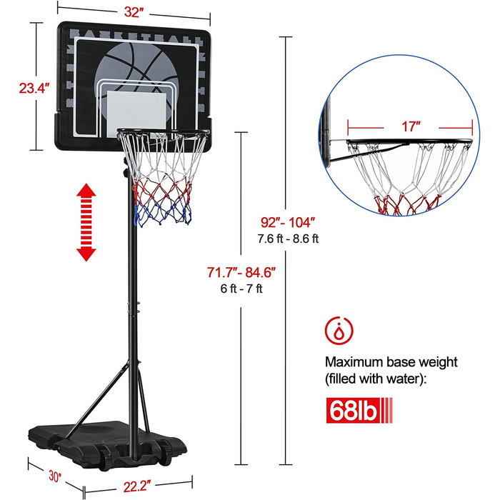 Баскетбольна стійка Yaheetech з регульованою висотою та колесами, портативна підставка для баскетбольної системи, може бути наповнена водою або піском, система кільцевих кілець для приміщення/вулиці, 264 см до максимум 75 символів.