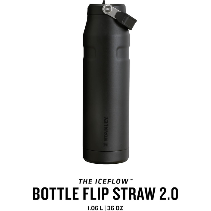 Термобутилка Stanley Flip Straw 2.0 з трубочкою 1,06 л, чорна, BPA-free, не протікає, зберігає холод до 17 годин, лід до 4 днів, підходить для тримача напоїв, можна мити в посудомийці
