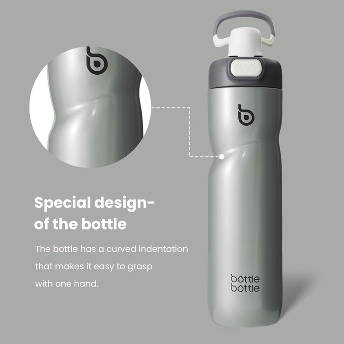 Термос-пляшка BOTTLE BOTTLE 680 мл з ручкою, нержавіюча сталь, сірий, ізоляційна, кнопковий клапан, не протікає, для спорту, подорожей, велосипеда, бігу, туризму