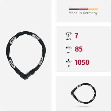 Ланцюговий замок ABUS Tresor 1385 з кодовим механізмом, загартована сталь, товщина ланцюга 7 мм, довжина 85 см, рівень безпеки 7, чорний