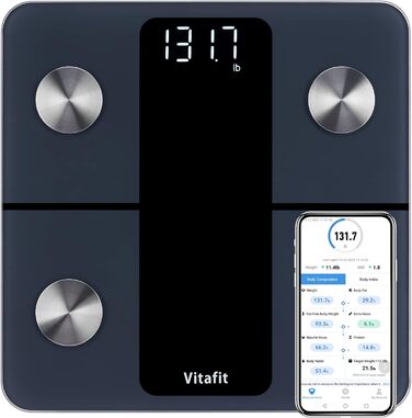 Персональні ваги Vitafit Body Fat Scale з додатком 180 кг, шкала складу тіла з Bluetooth, ваги для людей з жиром і м'язовою масою, ІМТ, білок, BMR, чорна шкала жиру в організмі чорна