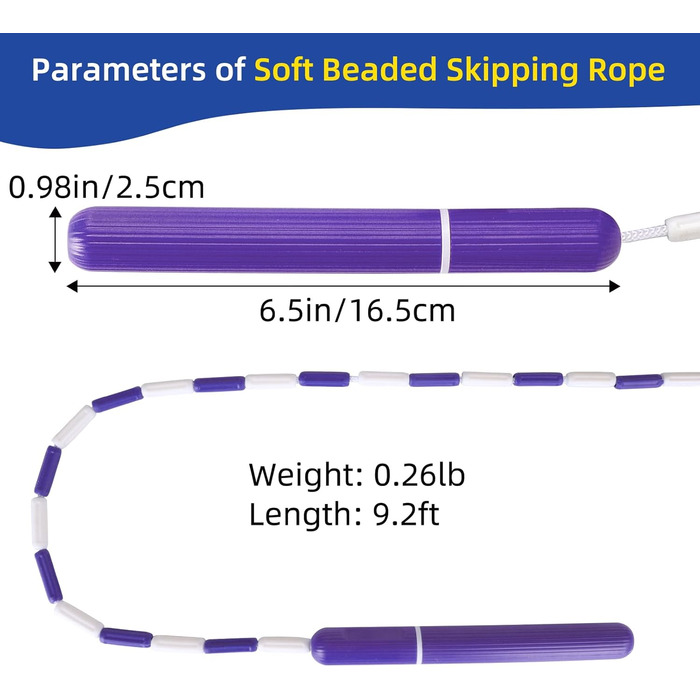 Скакалка CAPARK, сегментована м'яка скакалка з бісеру, регульована скакалка без заплутування для дітей, чоловіків, жінок, тренувань, схуднення, фітнесу та тренувань, 2,5 м (3 шт. и, темно-фіолетова)