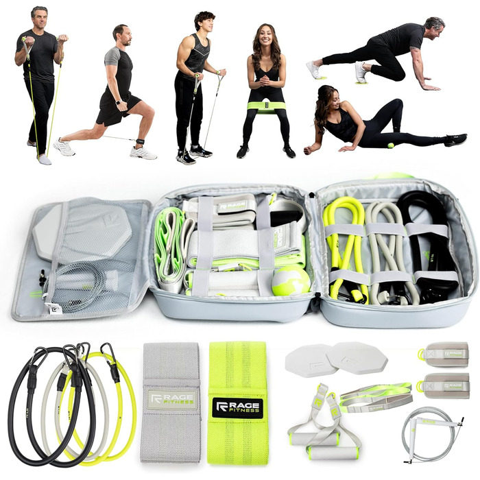 Rage Fitness Ex Kit 9-в-1: фітнес-набір у сумці з еспандерами, ручками, дверним анкером для тренувань вдома, в офісі та в подорожах, для йоги, фітнесу та вправ
