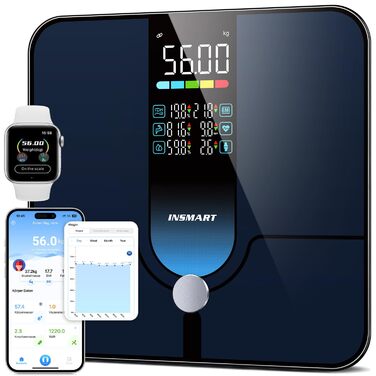 Розумні ваги INSMART 227 кг/500 фунтів 30x30 см, цифрові ваги для аналізу складу тіла з APP/Bluetooth, повноцінний сенсор, 18 показників: BMI, вага, жир, пульс, м'язова маса