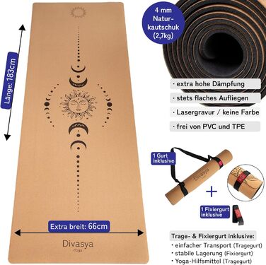 Виготовлений з натурального каучуку non-slip & cork, натуральний & стійкий, великі розміри (183x66x0,4 см), килимок для йоги Cork нековзний, ремінь для перенесення, нетоксичний (Cork Sun Moon)