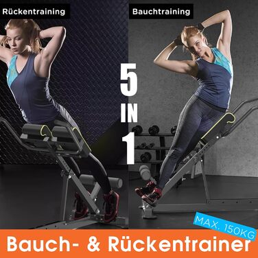 DH FitLife 5-в-1 тренажер для спини та пресу, гіперекстензія, складаний римський стілець до 150 кг, багатофункціональна лавка для вправ і гантелей для дому