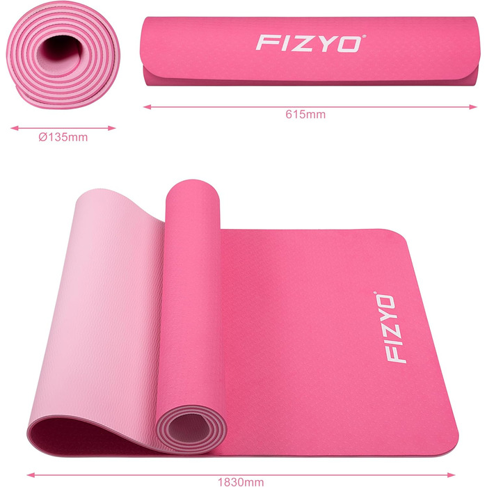 Йога-мат Fizyo 183x61 см, рожевий, TPE, нековзкий, з сумкою та ременем, для пілатесу, фітнесу, товщина 0,6 см
