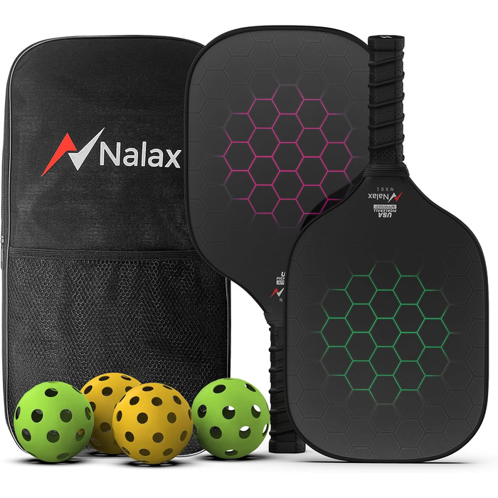 Піклбол ракетки Nalax з фібергласу та графіту, USAPA сертифікат, полімерний сердечник, комплект з 2 ракеток, 4 м'ячів і сумки для чоловіків і жінок