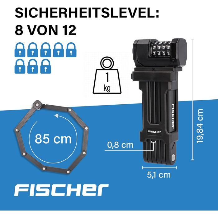Велозамок складаний FISCHER Protec FN85, кодовий, 10 000 комбінацій, пластикова обмотка, з кріпленням