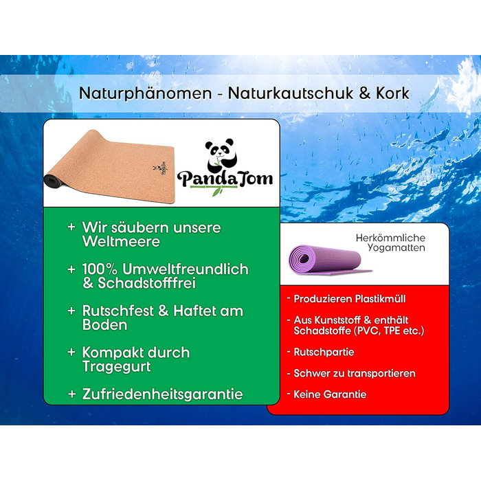 Килимок для йоги PandaTom з пробки та натурального каучуку не ковзає та компактний Екологічний килимок без забруднюючих речовин для спорту, фітнесу, пілатесу, гімнастики, включаючи ремінь для перенесення
