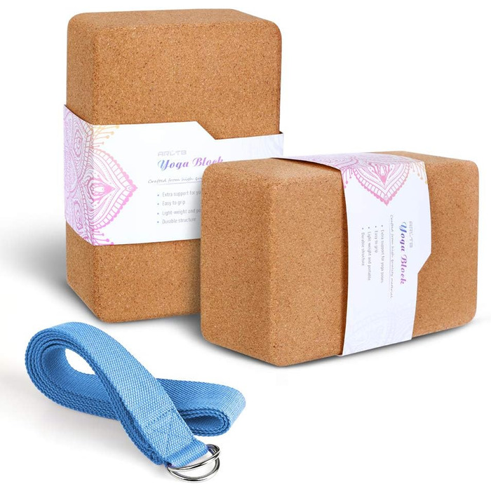 Упаковка ARLTB Cork Yoga Block 2 та набір для йоги з металевим D-подібним кільцем 10,2 x 15,2 x 22,9 см коркова цегла для йоги та ремінь для йоги 20,3 см натуральний та екологічний матеріал для будь-яких стилів йоги, корковий блок для йоги