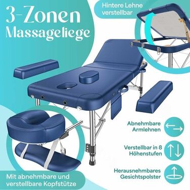 Складаний масажний стіл KESSER 3 зони, алюмінієвий, регульований по висоті, косметологічна кушетка з підголівником, підлокітниками, 10 змінних підголівників, сумка, синій