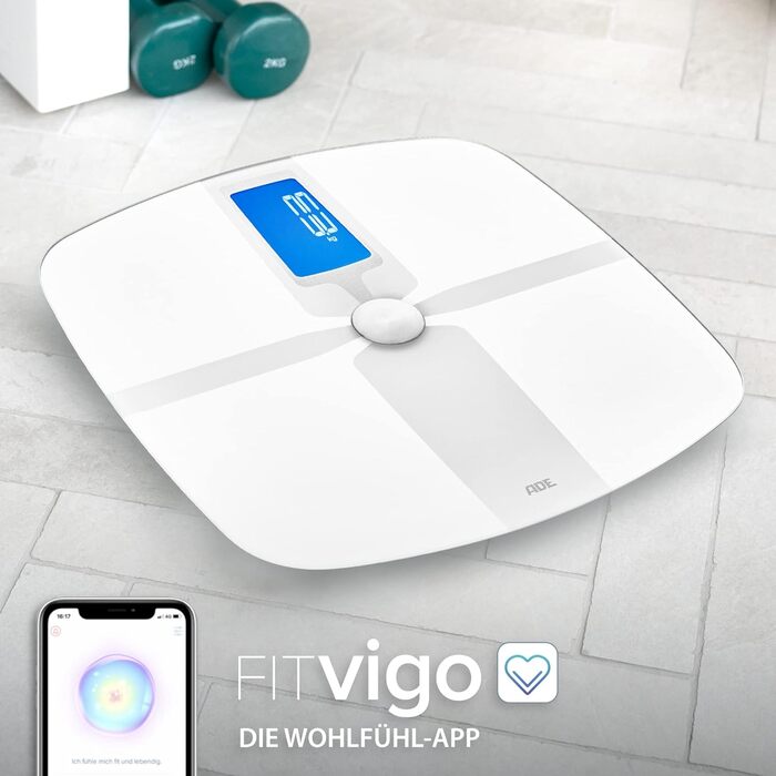 Розумна вага ADE BA 1800 FITvigo, аналіз складу тіла, Bluetooth, додаток, вимірювання ваги, жиру, води, м'язової маси, ІМТ, біла