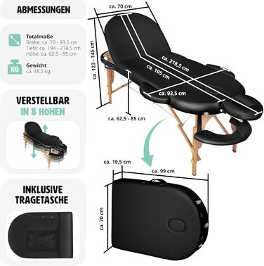 Масажний стіл tectake, 3 зони, складний, регульований, чорний