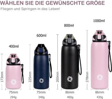 Пляшка для води FJbottle з нержавіючої сталі 1 л, 800 мл, 600 мл, 400 мл Дитяча герметична пляшка для води без бісфенолу А Пляшка-термос спортивний, вуглекислий газ підходить термос для універі, школи, фітнесу, на вулиці, велосипед (рожевий, 800 мл)