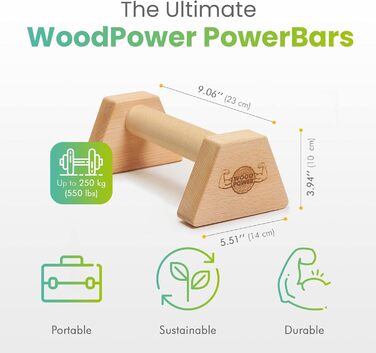 Дерев'яні паралетки WOODPOWER PowerBars, зручні для суглобів ручки для віджимань, нековзні стійки на руках, для приміщень та вулиці, гімнастика та йога (класичні)