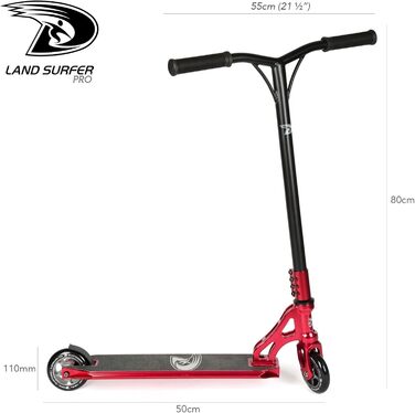 Трюковий самокат Land Surfer PRO X - трюковий самокат для дітей від 8 років та підлітків з декою на 360 градусів, колесами PU висотою 100 мм з кульковими підшипниками ABEC-9 - дитячий самокат для просунутих трюків Pro Chrome Red