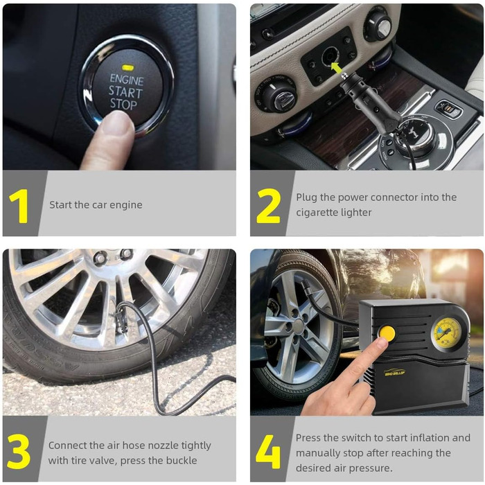 Міні 12V компресор для авто, електричний насос для шин із манометром та адаптерами, жовтий