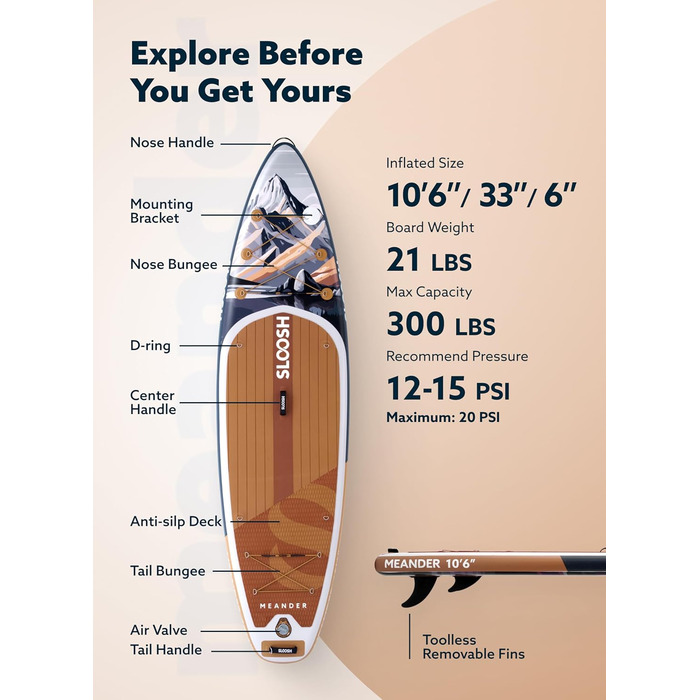 Надувна SUP-дошка SLOOSH 10'6'' з аксесуарами, нековзке EVA-покриття, легка сумка та насос, для дорослих і підлітків