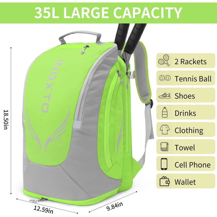 Тенісні сумки INOXTO 40л, великий рюкзак, 2 ракетки, водонепроникні та дихаючі, сумка для піклболу з взуттям (світло-зелена)