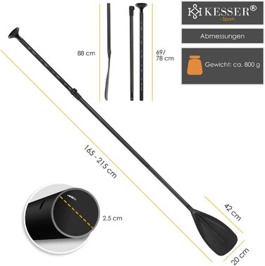 Весло KESSER 3-в-1 для каяка та SUP, телескопічне алюмінієве, 165-215 см, антиковзне, для сап-дошки, каякінгу, серфінгу, човна