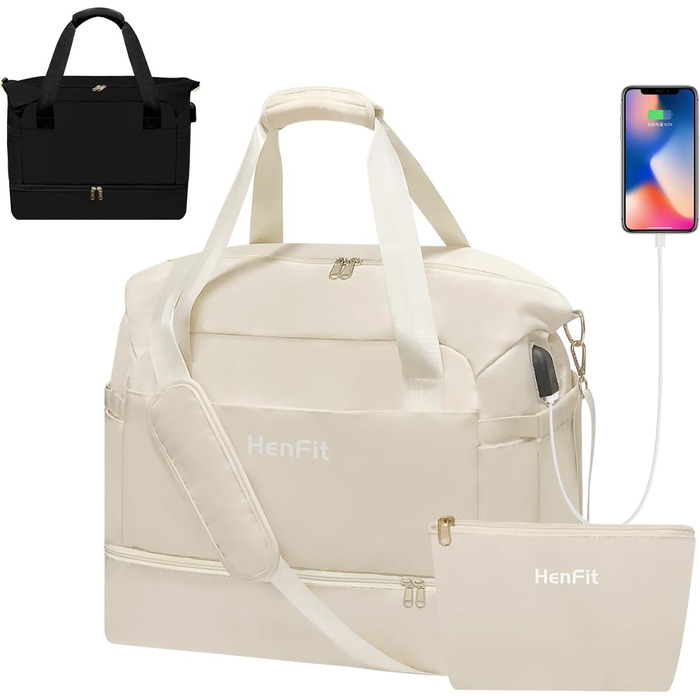 Дорожня спортивна сумка HenFit Weekender для жінок з відділенням для взуття та мокрих речей, бежева, для подорожей, фітнесу, йоги