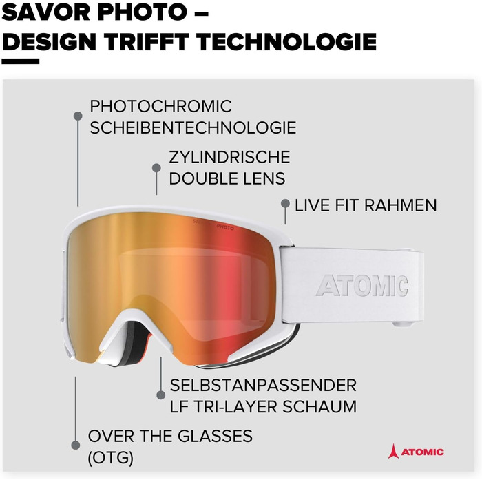 Гірськолижні окуляри ATOMIC Savor Photo I Вуличні окуляри зі 100 захистом від ультрафіолету I Лижні окуляри з фотохромною лінзою I Спортивні окуляри зі стійким до подряпин покриттям I Великі окуляри для сноуборду (білі)