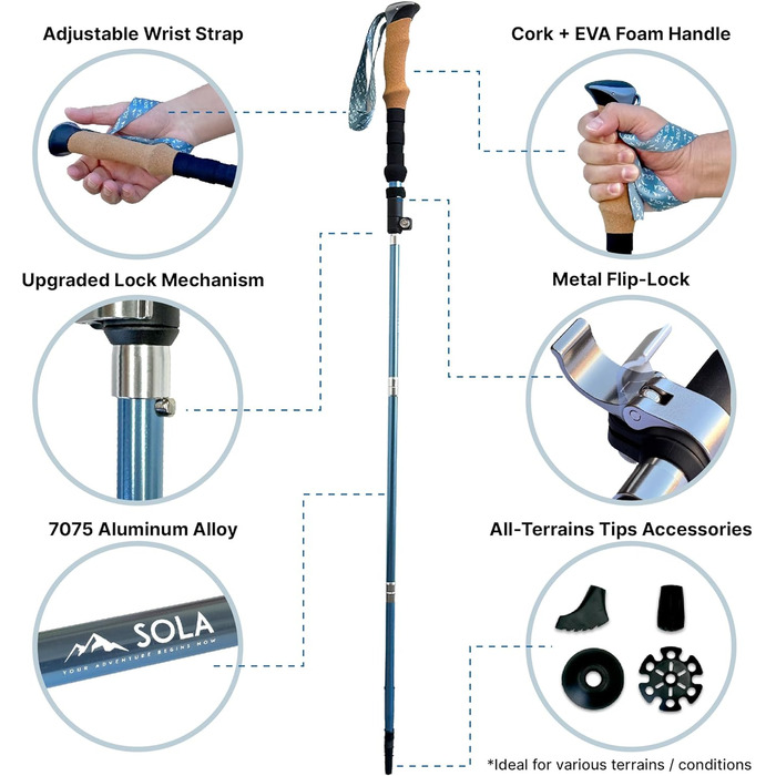 Складні туристичні палиці SOLA, легкі, складні, виготовлені з алюмінієвого сплаву 7075 з корковими ручками, для трекінгу, скандинавської ходьби, кемпінгу Steel Grey або Steel Blue (2 шт. и)