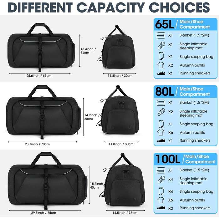 Складна дорожня сумка 65 л 80 л 100 л велика легка спортивна сумка з відділенням для взуття для чоловіків Жіноча сумка вихідного дня Дорожня сумка для багажу для подорожей, спортзалу, відпочинку та кемпінгу, чорна 100 л Чорна