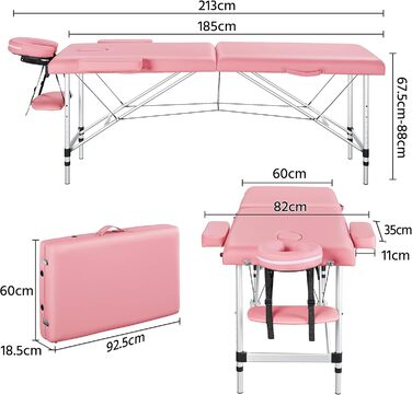 Мобільний масажний стіл Yaheetech шириною 70 см алюмінієвий масажний стіл регулюється по висоті 2 зони складний з сумкою для перенесення та підголівником до 250 кг з навантаженням (213 x 82 см, світло-рожевий)