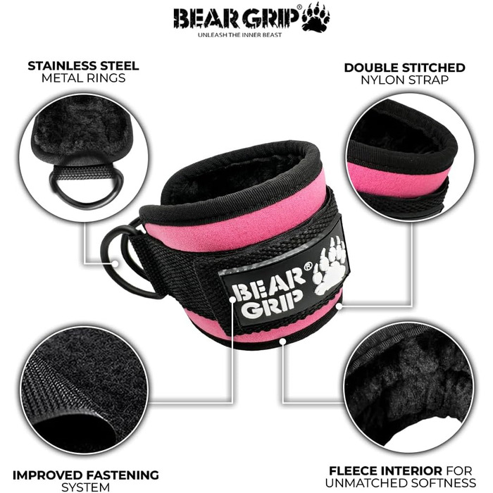 Ремінь для щиколотки BEAR GRIP (пара) - міцна застібка, подвійне D-кільце з нержавіючої сталі, регульований неопрен - манжети на щиколотці преміум-класу для покращення тренувань живота, сідниць та ніг - для жінок та чоловіків (Baby Pink, односпальне ліжко