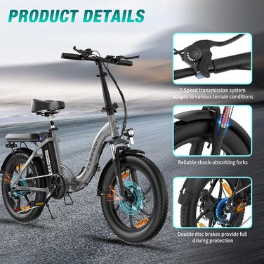 Велосипед ELEKGO E-Bike, 20' товста шина, 250 Вт, 36 В, 7 швидкостей