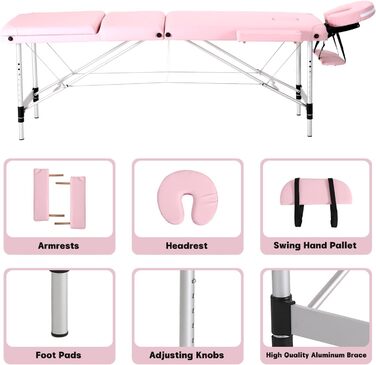 Портативний масажний стіл Panana Складний 3-зонний масажний стіл з регулюванням висоти з підголівником і підлокітниками Масажна лавка Алюмінієвий тату-стіл (рожевий)