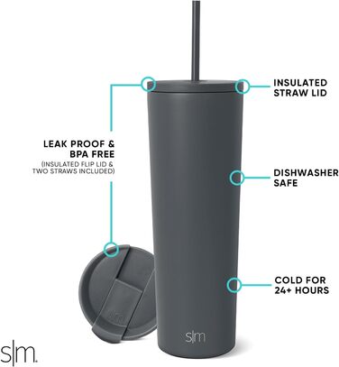 Термочашка Simple Modern з соломинкою та кришкою, 830 мл, графіт, нержавіюча сталь, подарунок для жінок і чоловіків