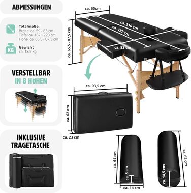 Масажний стіл Tectake 2 зони, масажний стіл складний, масажний стіл з підкладкою 7,5 см, мобільний масажний стіл, голова та підлокітник, масажна лава з дерев'яними ніжками, 2 коліщатка для зберігання, сумка для перенесення - (чорна)