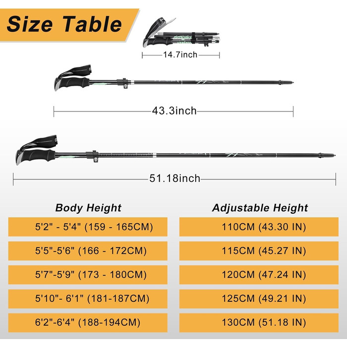 Туристичні палиці, Складні трекінгові палиці, Регульовані палиці для скандинавської ходьби, Телескопічні палиці для чоловіків і жінок, Ходьба, Трекінг, Піші прогулянки (Sky Blue 2 Poles)
