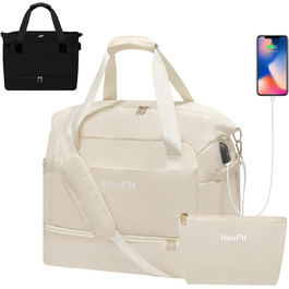 Дорожня спортивна сумка HenFit Weekender для жінок з відділенням для взуття та мокрих речей, бежева, для подорожей, фітнесу, йоги