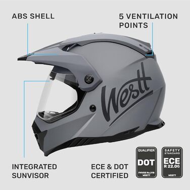 Мотошолом Westt Fullface для мотокросу, інтегральний, подвійний візор, сонцезахисний, ECE сертифікат, матовий сірий, розмір S (55-56 см) для мотоциклів, MTB, квадроциклів