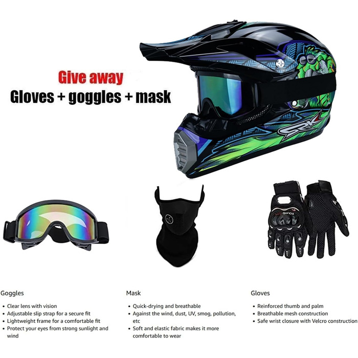 Дитячий мотокросовий шолом Fullface з рукавичками, маскою та окулярами для MTB, Downhill, ендуро, ATV, мотоцикла