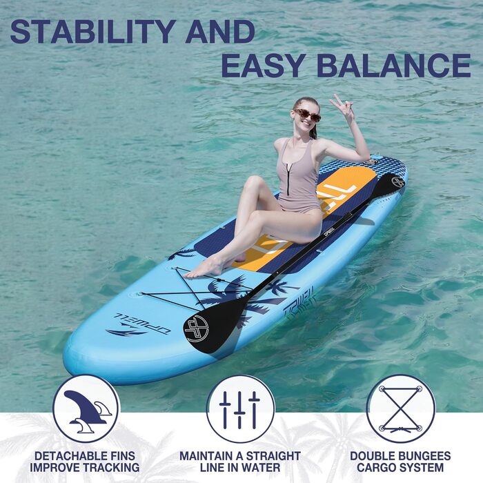 UPWELL Надувна SUP-дошка 320/335 см для дорослих і підлітків з преміум комплектом: рюкзак, 10L суха сумка, весло 2-в-1, страховий лиш, ручний насос, плавники