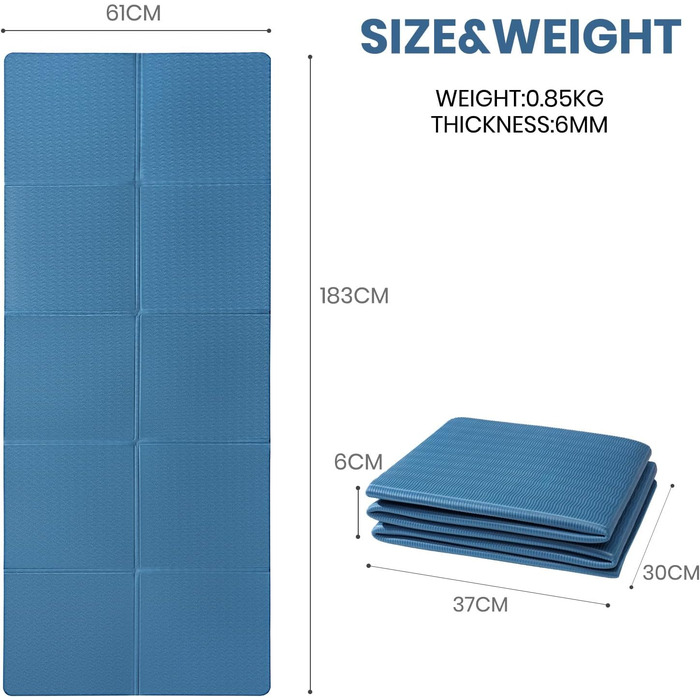Хороший складний килимок для йоги nite, нековзний, портативний, килимок для фітнесу, складний, легкий, гімнастичний килимок, пілатес, спорт, подорожі, килимок для вправ для жінок і чоловіків, 183 x 61 x 0,6 см (темно-синій)