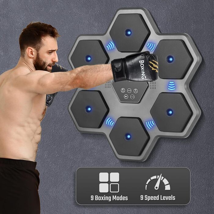 Музична боксерська машина Todeco з LED, Bluetooth, боксерськими рукавичками, настінна, 9 швидкісних режимів і режим підрахунку для дітей і дорослих, для дому, залу та приміщень
