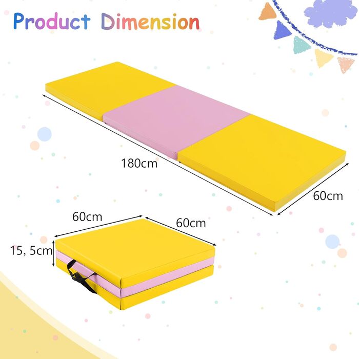 Гімнастичний килимок складний, м'який килимок для підлоги 180x60x5см фітнес-килимок, гімнастичний килимок товстий з ременем для перенесення, 3-кратний килимок для йоги спортивний килимок нековзний для фітнес-тренувань йоги жовтий рожевий