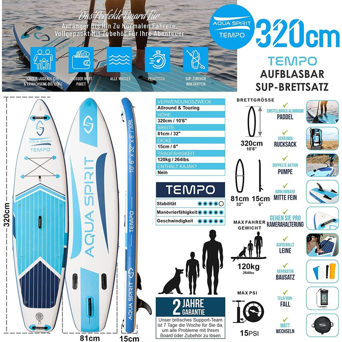 Надувна дошка для падде Aqua Spirit SUP 2024 320x815см/457x915см Комплектація з веслом, рюкзаком, насосом та іншими аксесуарами Дорослі початківці/експерти Гарантія 2 роки (синій 320см)