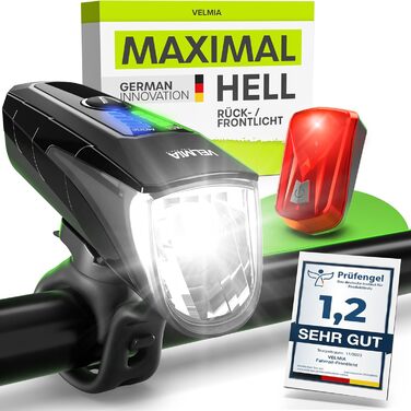 Набір велосипедних LED фар VELMIA StVZO, USB акумулятор, 8,5 годин, водостійкі, переднє і заднє світло, 70 люкс, золотий