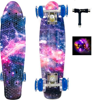 Скейтборд Sumeber Skateboard Kids Mini Cruiser Skateboard Complete 22 дюйми зі світлодіодними котушками Скейтборд для дорослих Діти Подарунок на день народження початківця (Galaxy)